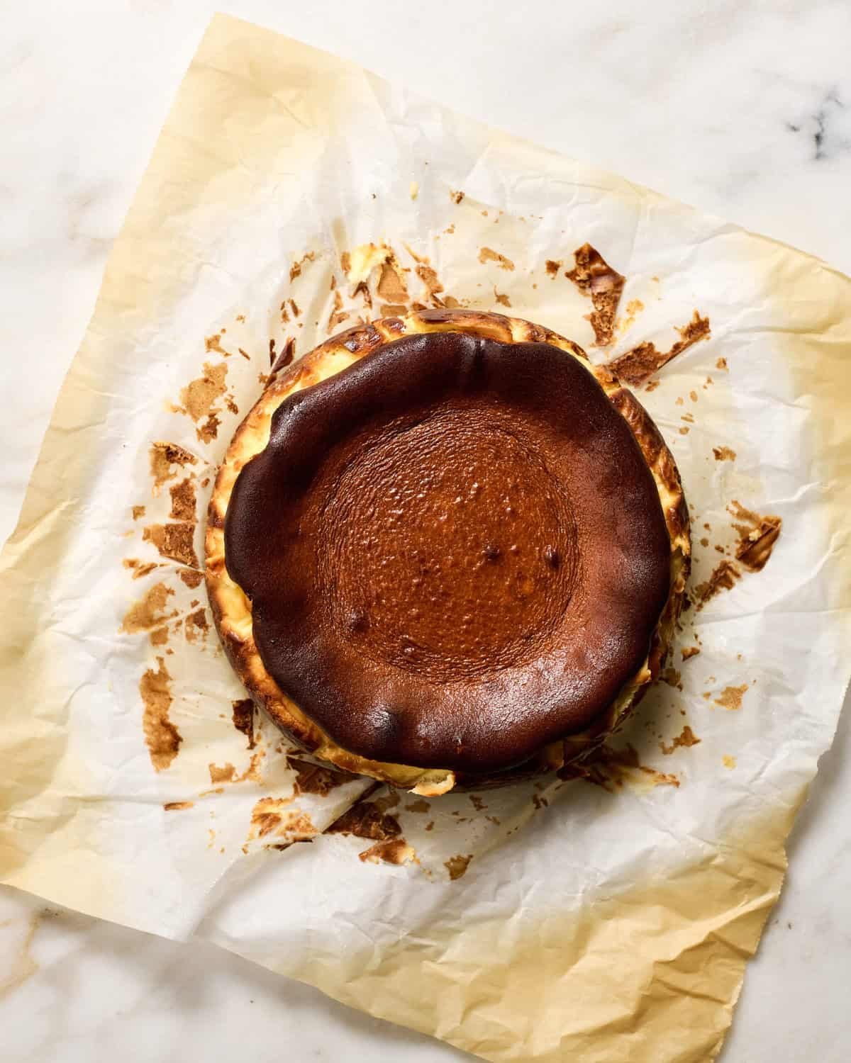 Basque cheese cake on counter.