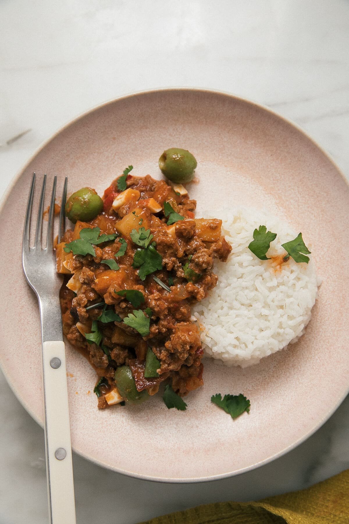 Bowl of picadillo with rice.