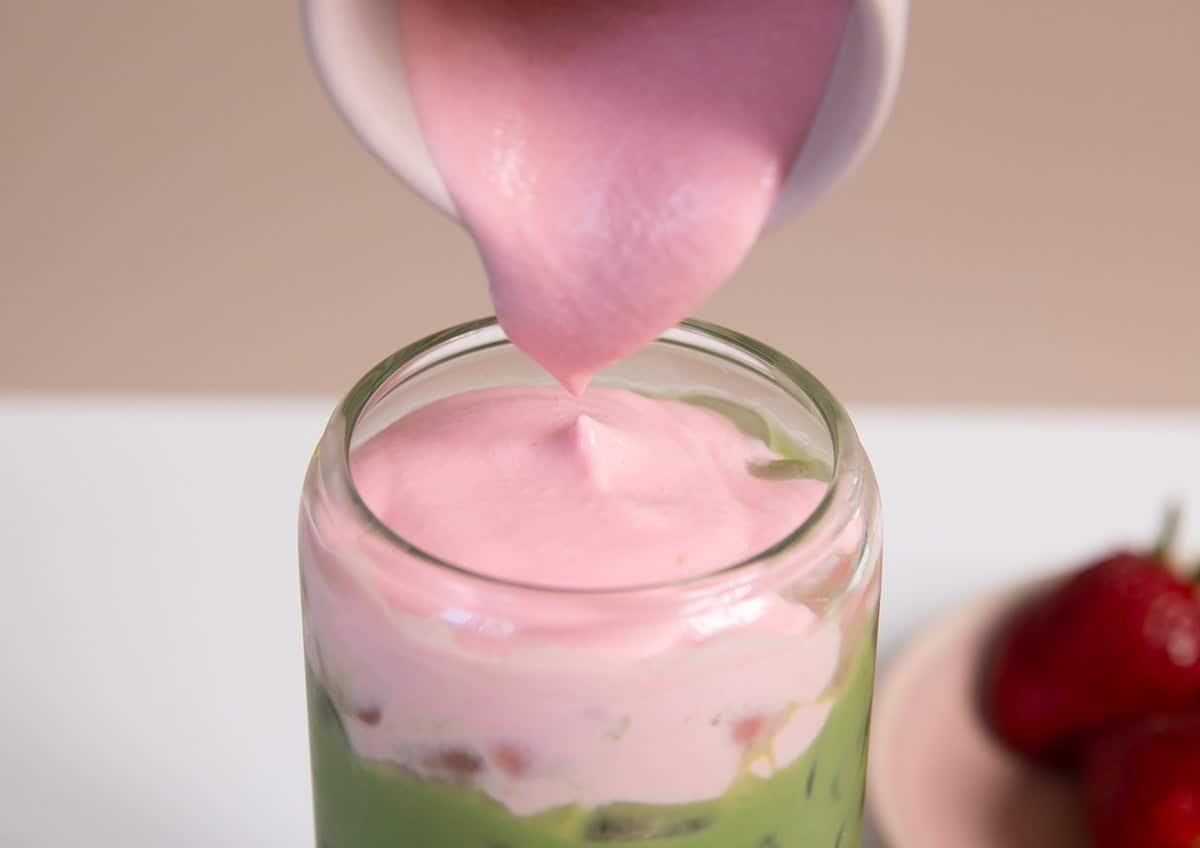 Strawberry Cold Foam added to Strawberry Matcha Latte.