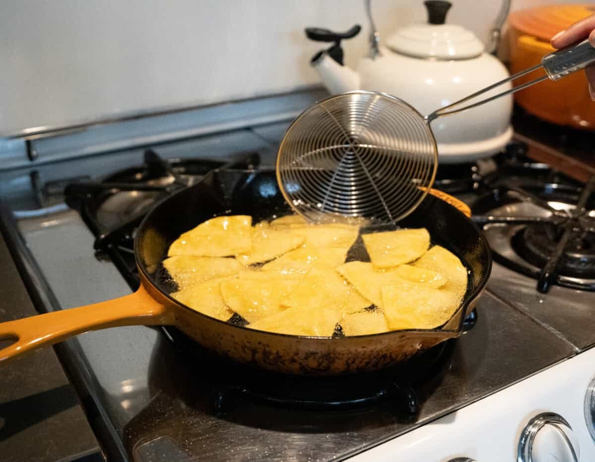 Frying of tortilla chips.