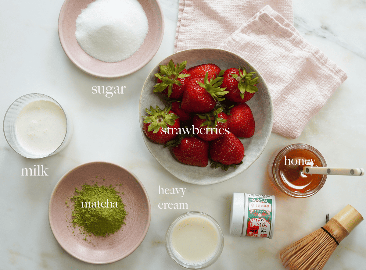 Ingredients for strawberry matcha latte.