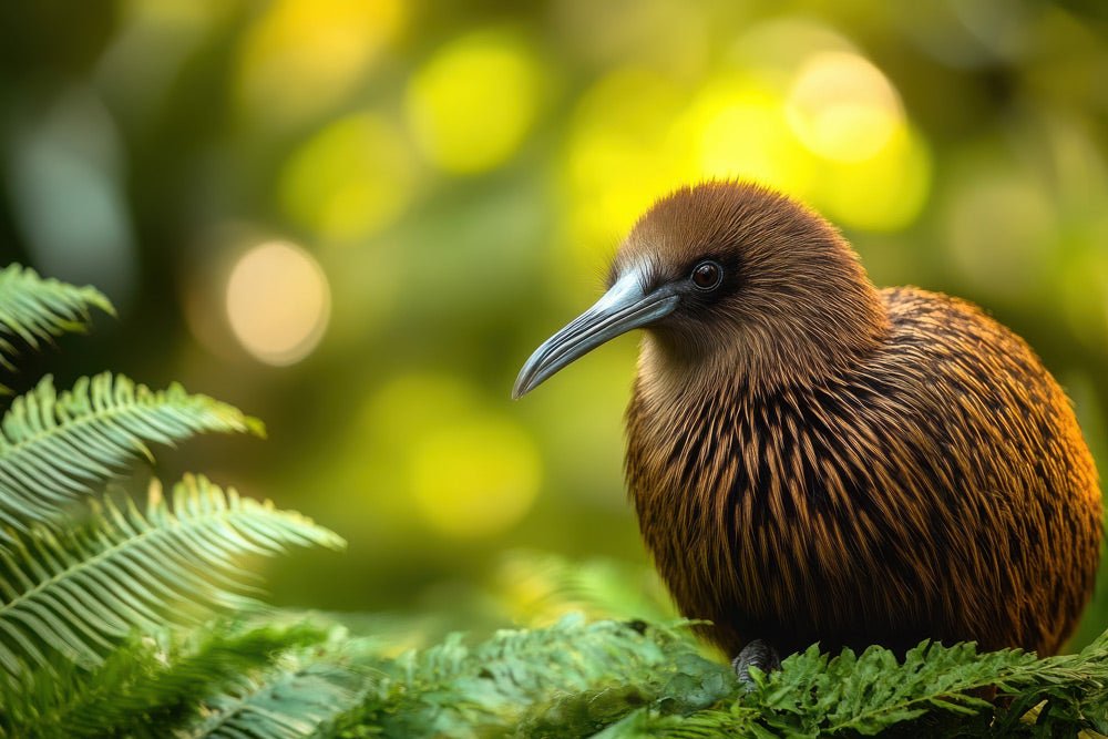 A Kiwi bird uses his long beak to seek the ground in a sunlit forest.